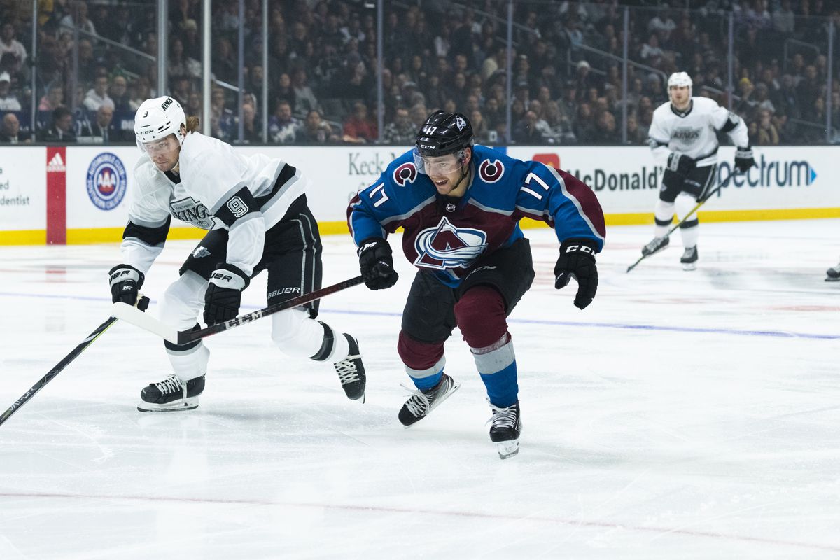 LOS ANGELES, CA - FEBRUARY 22: Colorado Avalanche center Tyson Jost (17) during the NHL regular season game against the Los Angeles Kings on Saturday, Feb. 22, 2020 at Staples Center in Los Angeles, Calif.