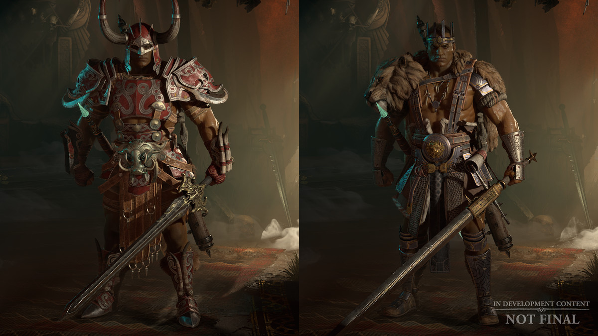 Barbarzyńca Diablo 4 w ciężkiej zbroi po lewej, skontrastowany z rzędem skór po prawej.  Oba są bardzo szczegółowe
