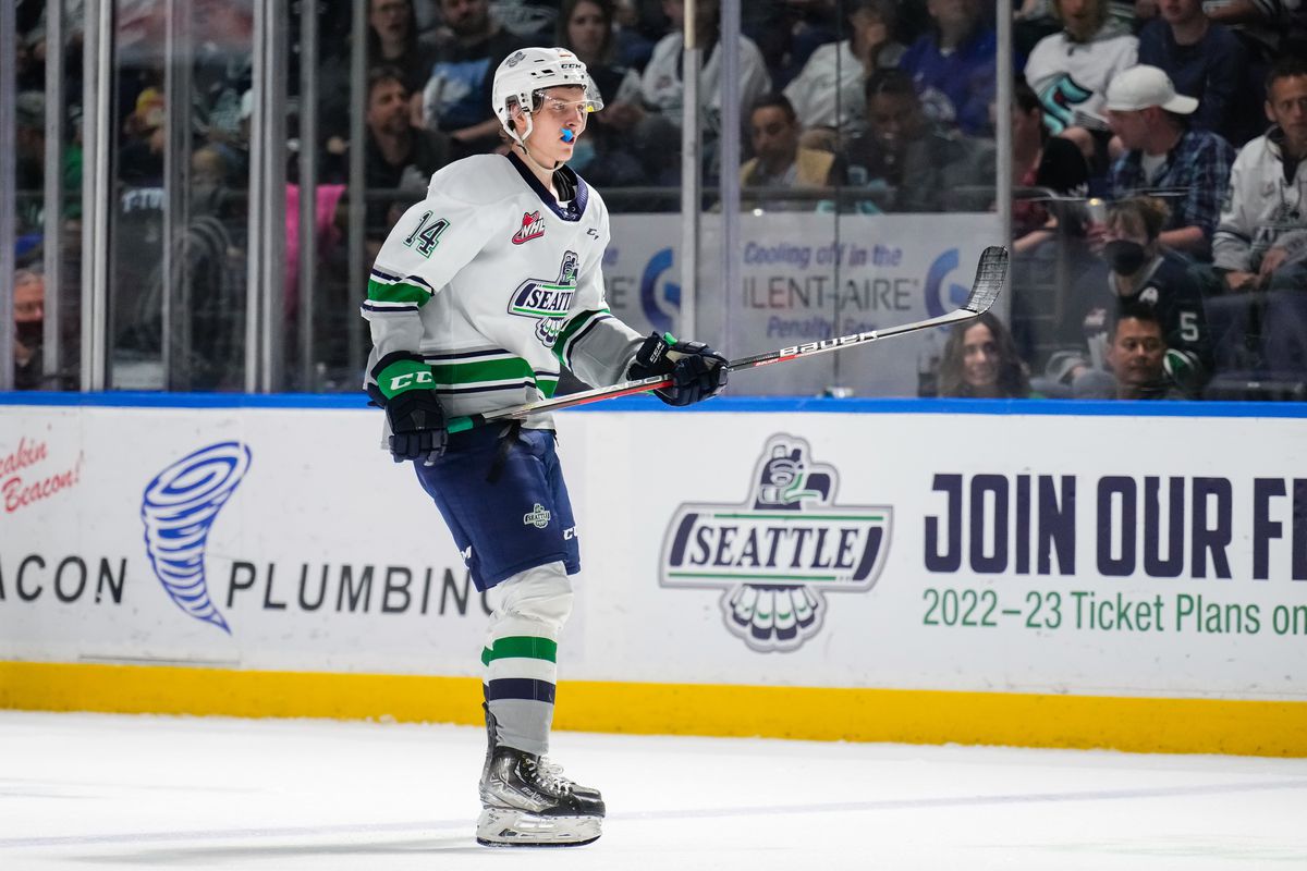 Kevin Korchinski #14 of the Seattle Thunderbirds looks on against the Edmonton Oil Kings during the second period of Game 3 of the Western Hockey League Championship at ShoWare Center on June 07, 2022 in Kent, Washington.