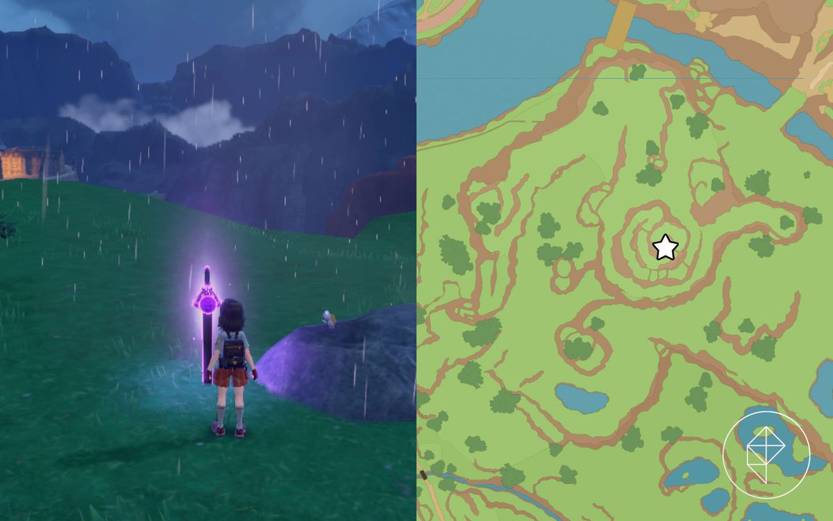 A purple glowing stake in the rain with a Gimmighoul nearby on a rock