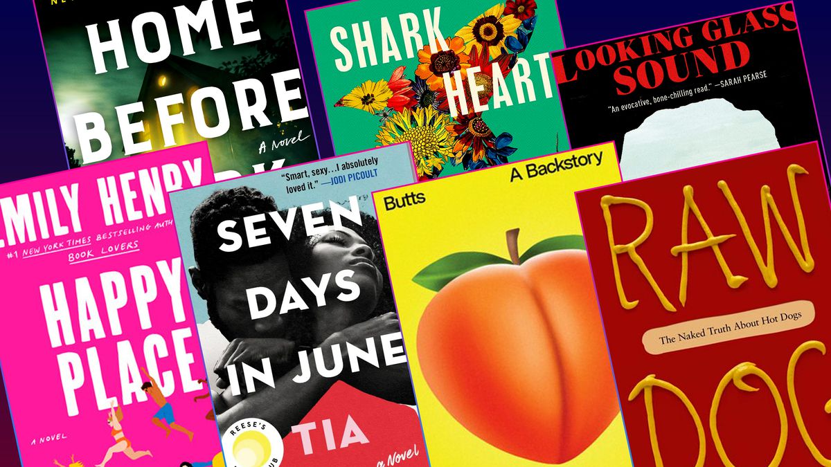 A collage of book covers featured in this piece: Home Before Dark, Shark Heart, Looking Glass Sound, Happy Place, Seven Days in June, Butts: A Backstory, and Raw Dog.