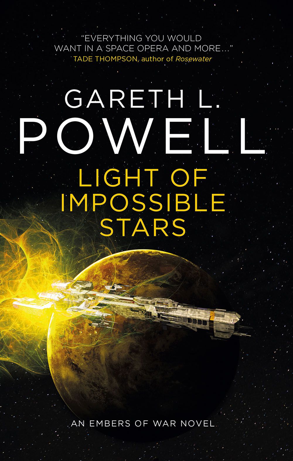 a ship zooms past a planet on the cover of Light of Impossible Stars by Gareth L. Powell