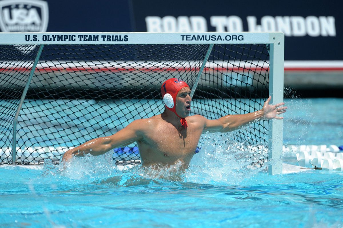 May 27, 2012; Newport Beach, CA, USA; United States goalie Merrill Moses (1) defends the cage against Hungary at Newport Harbor high school. The United States defeated Hungary 12-9. Mandatory Credit: Kirby Lee/Image of Sport-US PRESSWIRE
