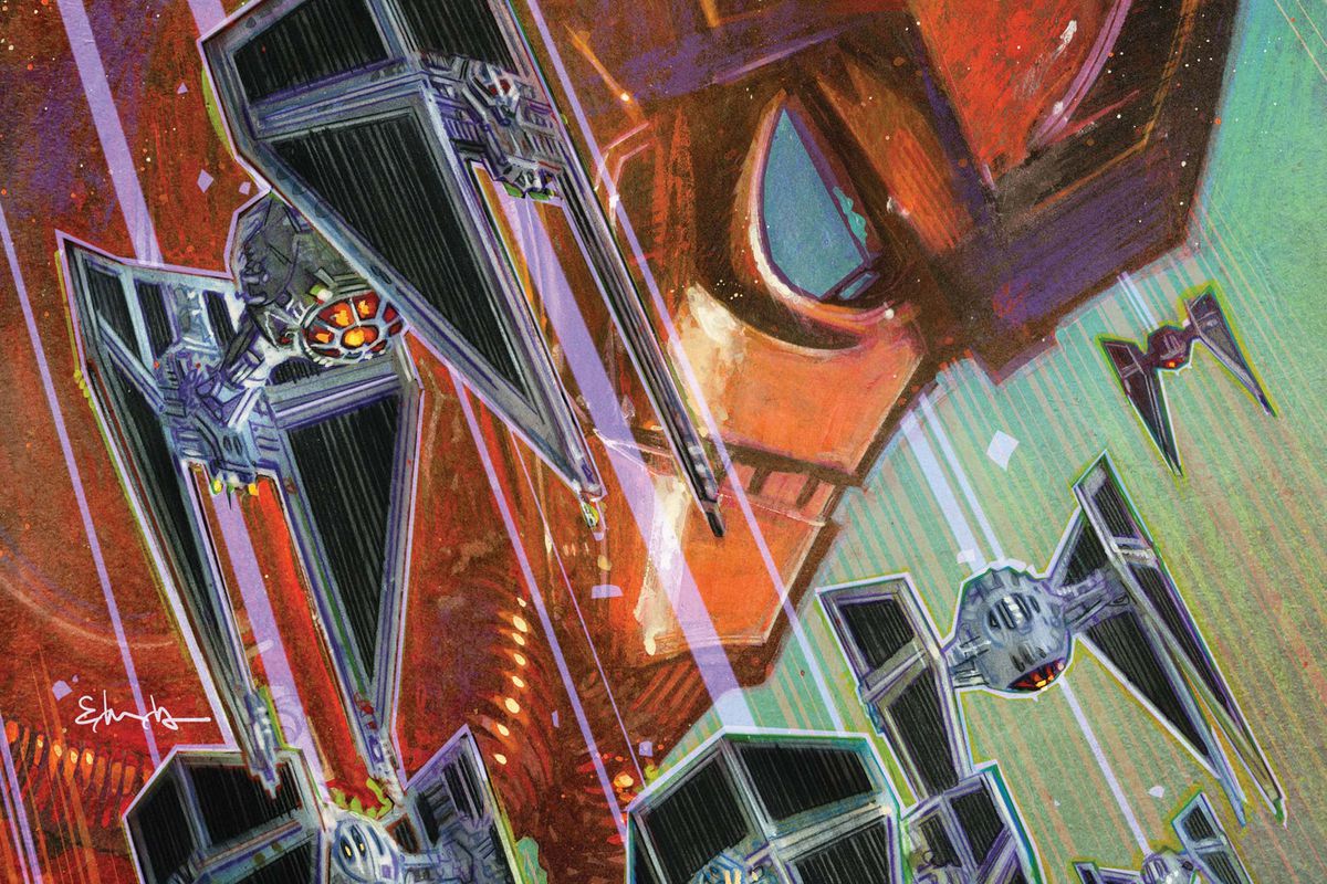 The cover of Marvel’s Star Wars: TIE Fighter #2 shows Shadow Squadron arcing down through the frame. The style is reminiscent of British WWII-era propaganda.