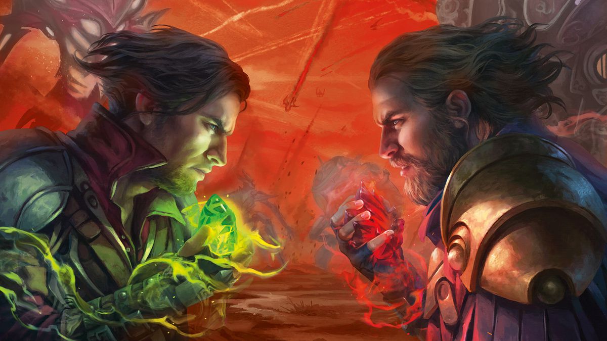 Mishra and Urza face off, each holding a different colored stone — one green, one red — in art for Magic: The Gatherings’ The Brothers’ War expansion. Behind them a red, ashen landscape and a battle with stones raining down from the sky.