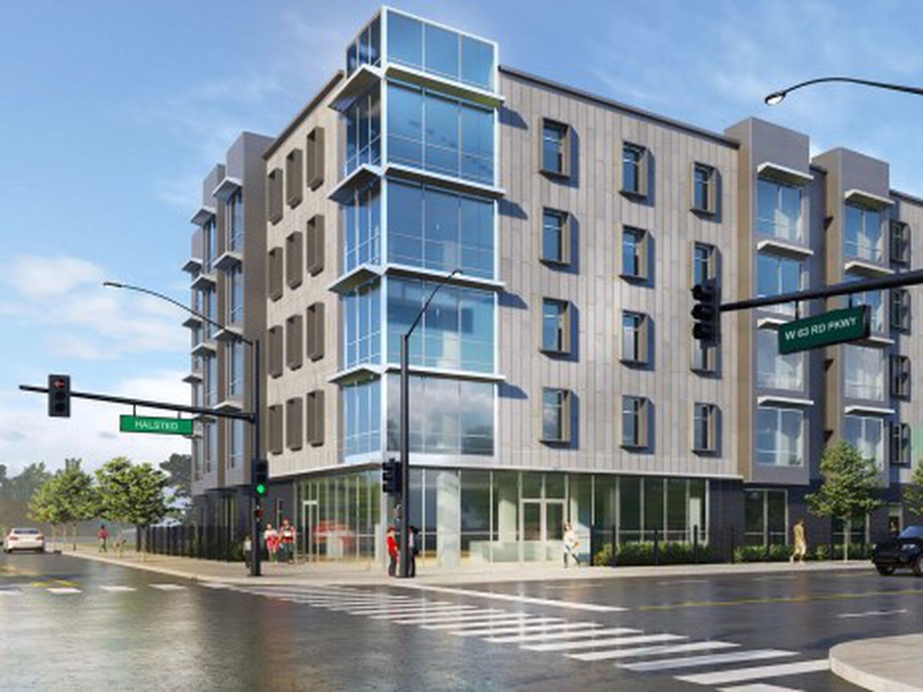 A rendering of the proposed 56-unit building at Halsted Street and 63rd Parkway.