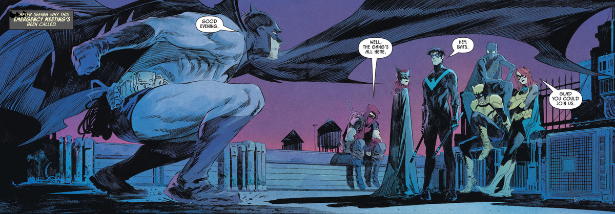 Batman lands on a rooftop where the rest of the Bat-familiy — Red Hood, Batwoman, Nightwing, Signal, Orphan, and Batgirl — are gathered, his cape spread against the purpling sky, in Detective Comics #1030, DC Comics (2020). 