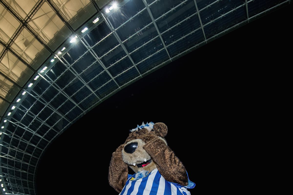 The Hertha BSC mascot Herthinho reacts after Hertha loses the Bundesliga match against 1. FSV Mainz 05 at Olympiastadion on February 16, 2018 in Berlin, Germany.