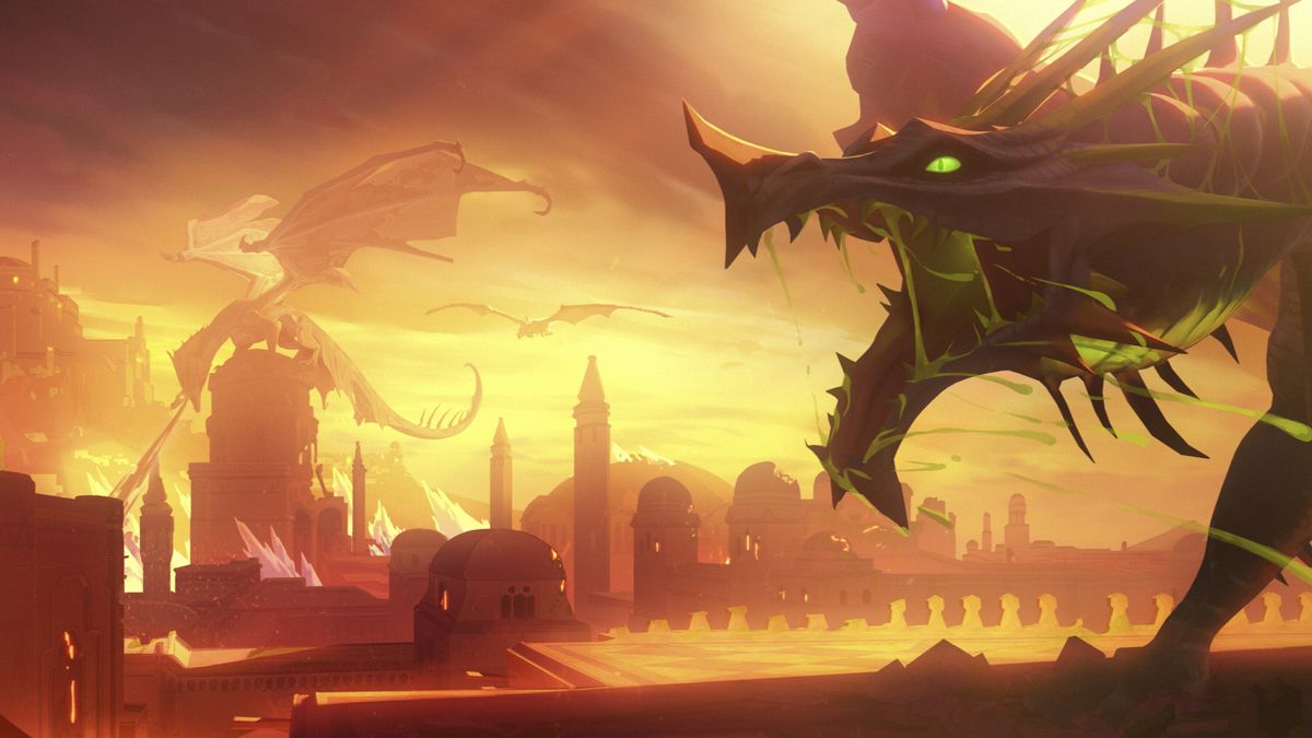 A dragon howling in the foreground with two other dragons in the background conquering the cityscape in a still from The Legend of Vox Machina season 2