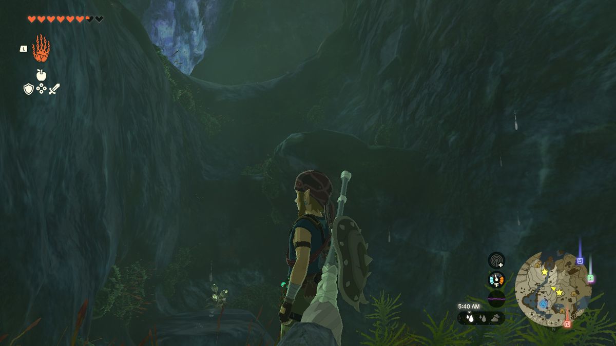 Link stands before two ledges that lead to the farther end of the cave in Zelda: Tears of the Kingdom