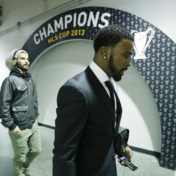 Kyle Beckerman and Robbie Findley walk to the locker room as Real Salt Lake players arrive at Sporting Park Saturday, Dec. 7, 2013 as they prepare to play Sporting KC in MLS Cup action.