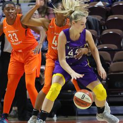 The Los Angeles Sparks take on the Connecticut Sun in a WNBA preseason game at Mohegan Sun Arena in Uncasville, CT on May 7, 2018.