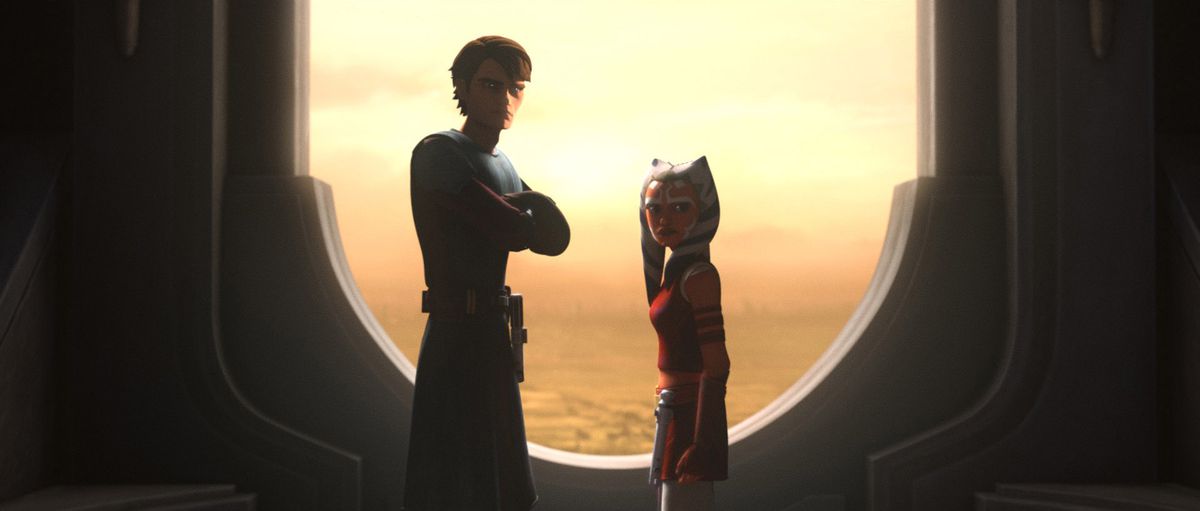 Anakin standing with his arms crossed with Ahsoka;  they are both seriously looking at something off camera