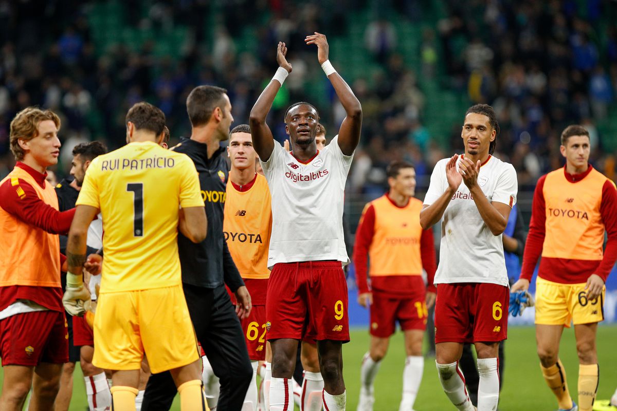 Tammy Abraham (Roma striker) greets the fans after the...