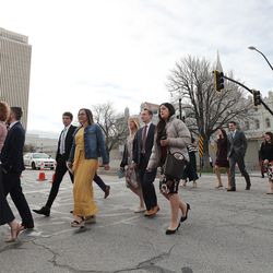 Conferencegoers arrive at the Conference Center for the Sunday morning session 189th Annual General Conference of The Church of Jesus Christ of Latter-day Saints in Salt Lake City on Sunday, April 7, 2019.