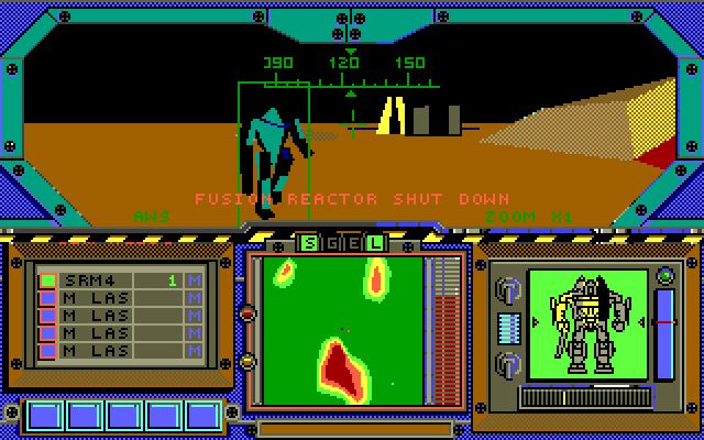 A CGA-color image from the cockpit of a BattleMech shows simple vector graphics used to create a pseudo three-dimensional effect.