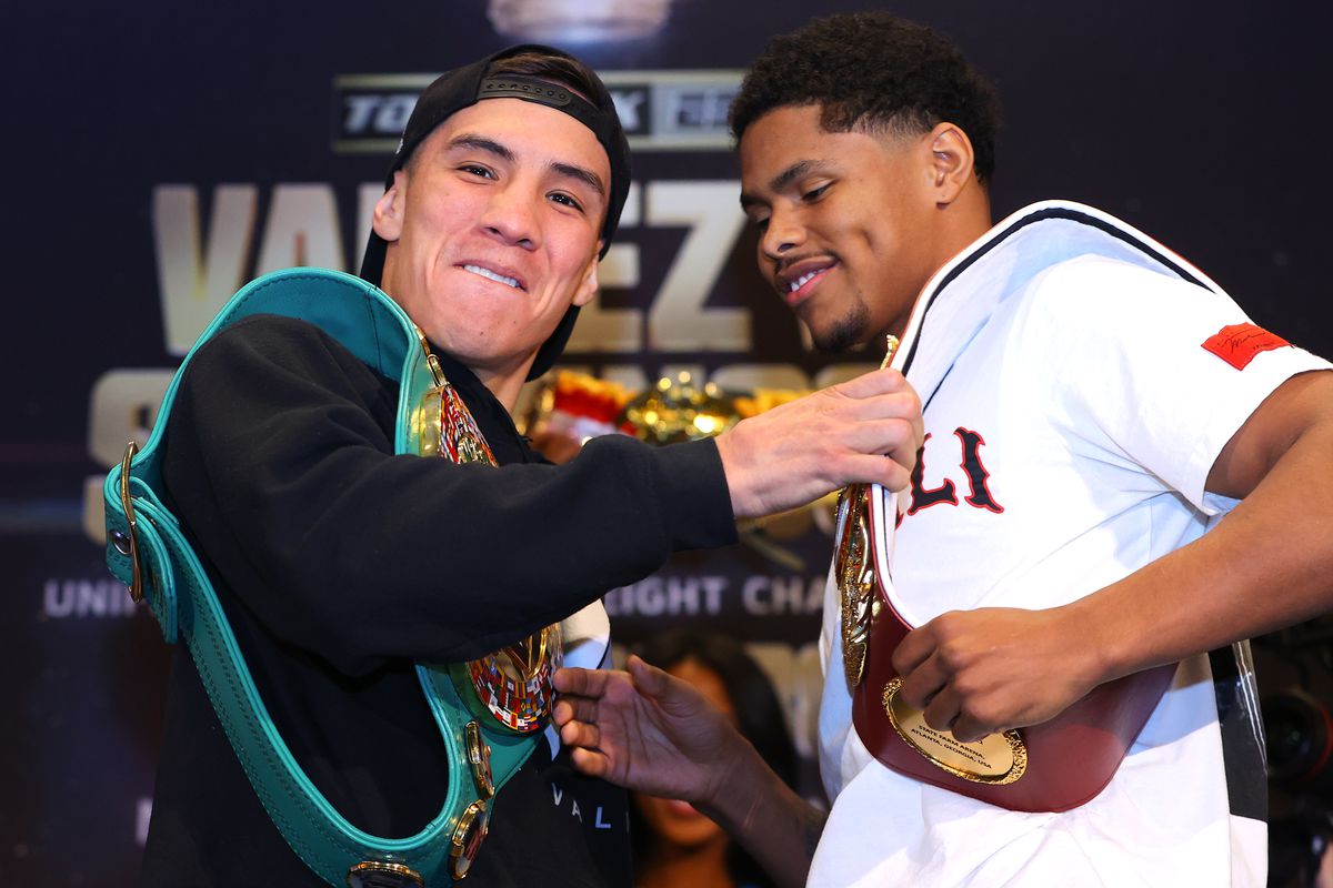 Oscar Valdez (L) and Shakur Stevenson (R) face-off during the press conference prior to their WBC and WBO junior lightweight championship at MGM Grand Garden Arena on April 28, 2022 in Las Vegas, Nevada.