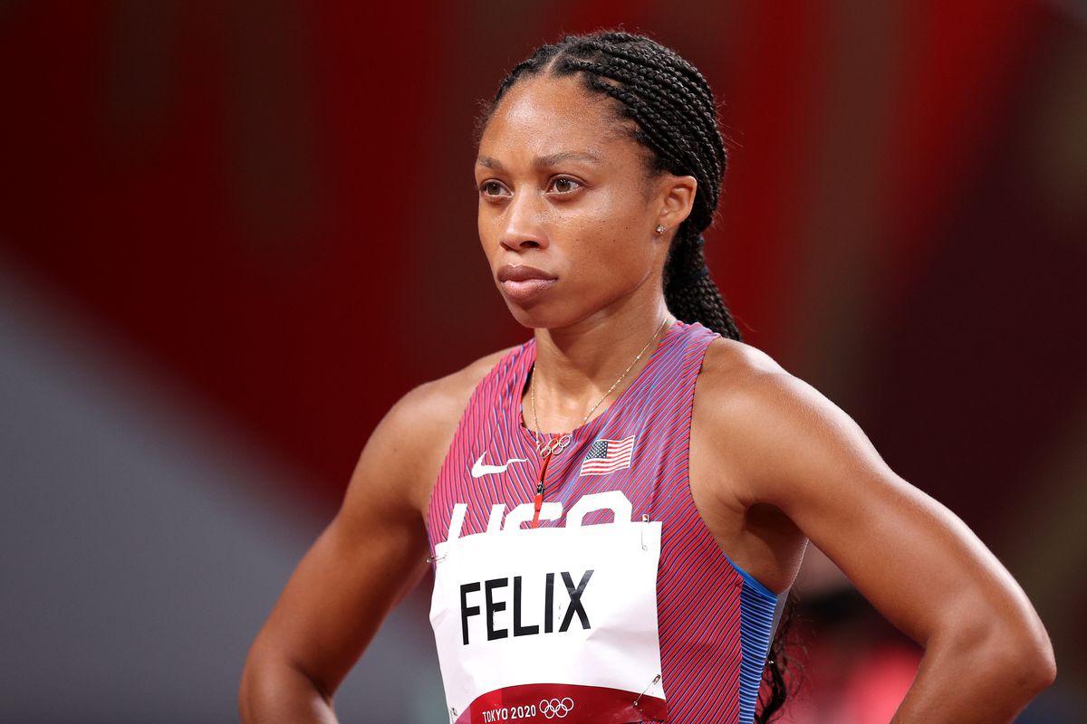 Allyson Felix of Team United States reacts after competing in the Women’s 400m Semi-Final on day twelve of the Tokyo 2020 Olympic Games at Olympic Stadium on August 04, 2021 in Tokyo, Japan.