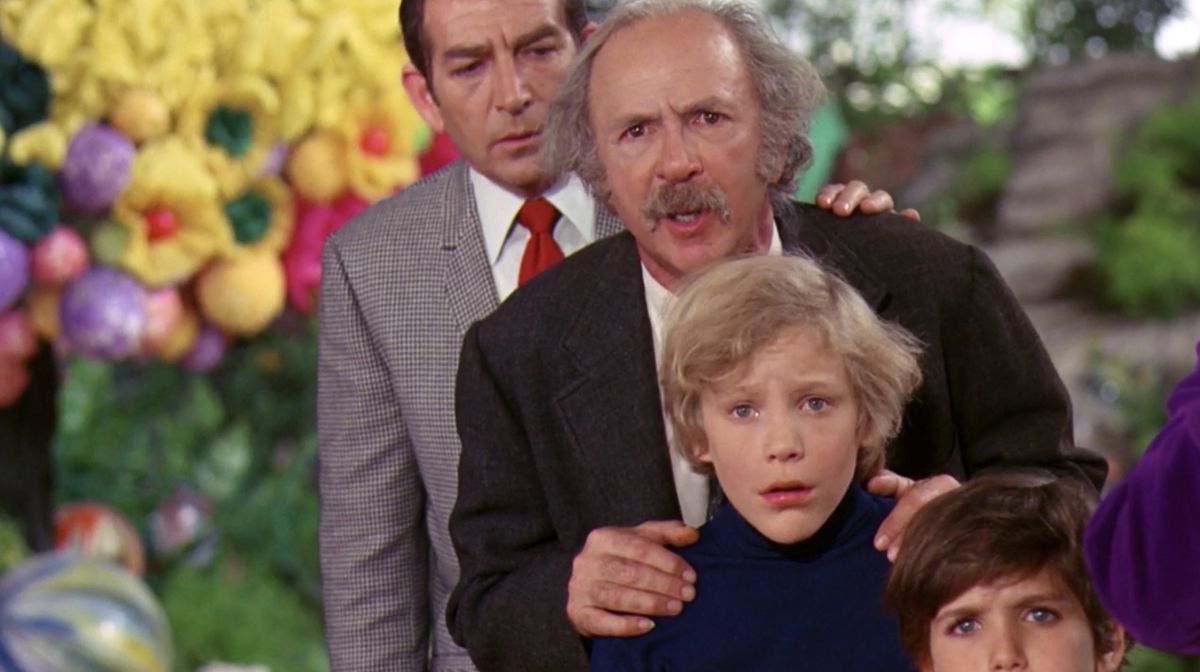 Grandpa Joe, Charlie and Mike Teevee react to chocolate river in Willy Wonka