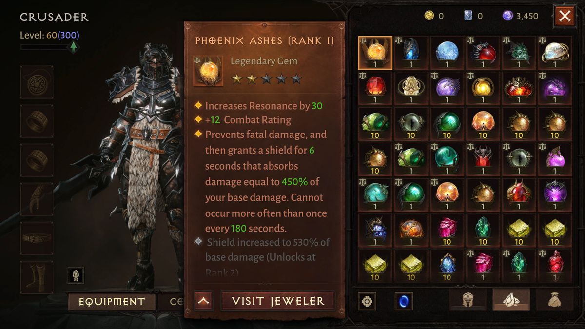 A screenshot from Diablo Immortal showing a female Crusader’s inventory of gems