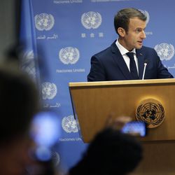 French President Emmanuel Macron speaks to reporters during a news conference at United Nations headquarters, Tuesday, Sept. 19, 2017. (AP Photo/Seth Wenig)