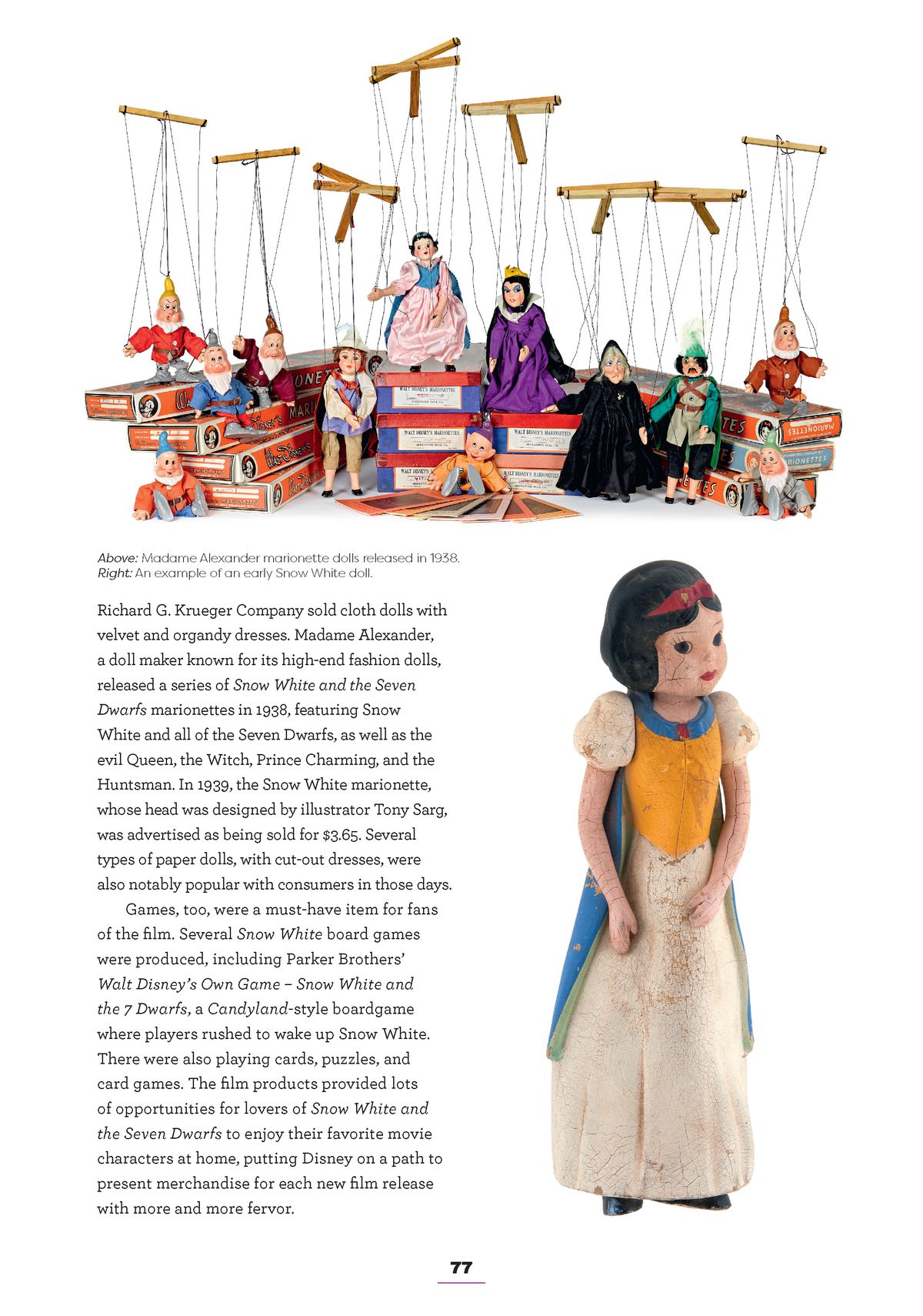 a page from Disney Princess: Beyond the Tiara. most of it is text, but on the top is a picture of marionette puppets, themed after Snow White, the dwarves, the Evil Queen, the Prince, and the Hunstman. on the left is a porcelain snow white doll 