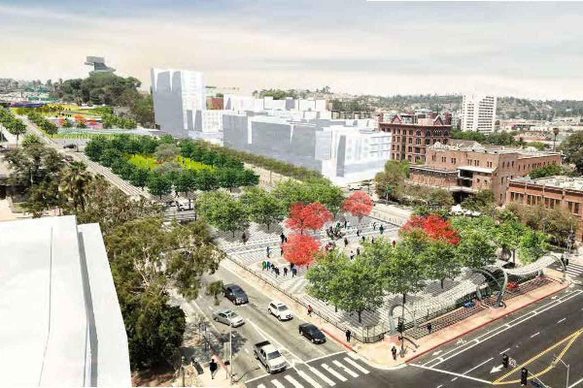 A rendering of the proposed cap park over the 101 Freeway, which would span four blocks, from Hill to Los Angeles streets.