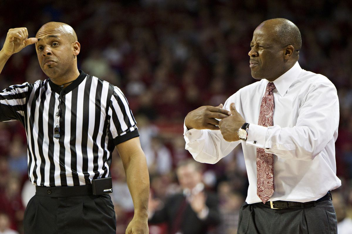 Head Coach Mike Anderson of the Arkansas Razorbacks complains about a call during a game against the Mississippi State Bulldogs in Fayetteville.  The Razorbacks defeated the Bulldogs 98-88.