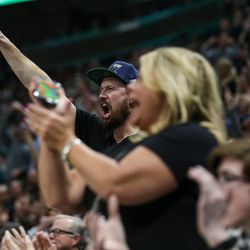 Utah Jazz fans cheer for a point against the Boston Celtics at Vivint Smart Home Arena in Salt Lake City on Wednesday, March 28, 2018.