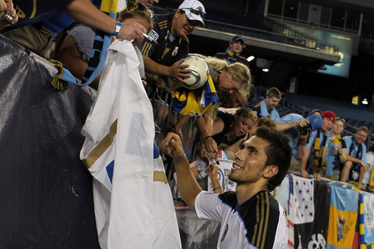 FOXBORO, MA - JULY 17:  Gabriel Farfan #15 of the Philadelphia Union signs autographs after a game against the New England Revolution at Gillette Stadium on July 17, 2011 in Foxboro, Massachusetts. (Photo by Jim Rogash/Getty Images)