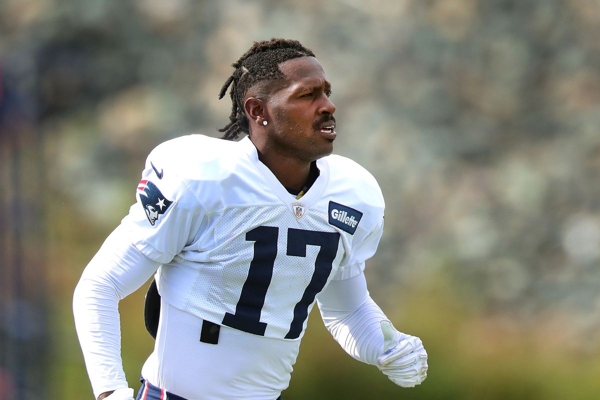 New England Patriots wide receiver Antonio Brown runs onto the practice field during New England Patriots practice at Gillette Stadium in Foxborough, MA on Sep. 18, 2019.