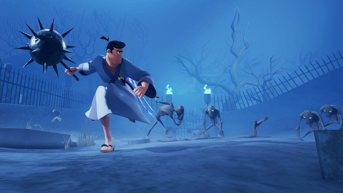 samurai jack runs with a giant mace in his hand in Battle Through Time
