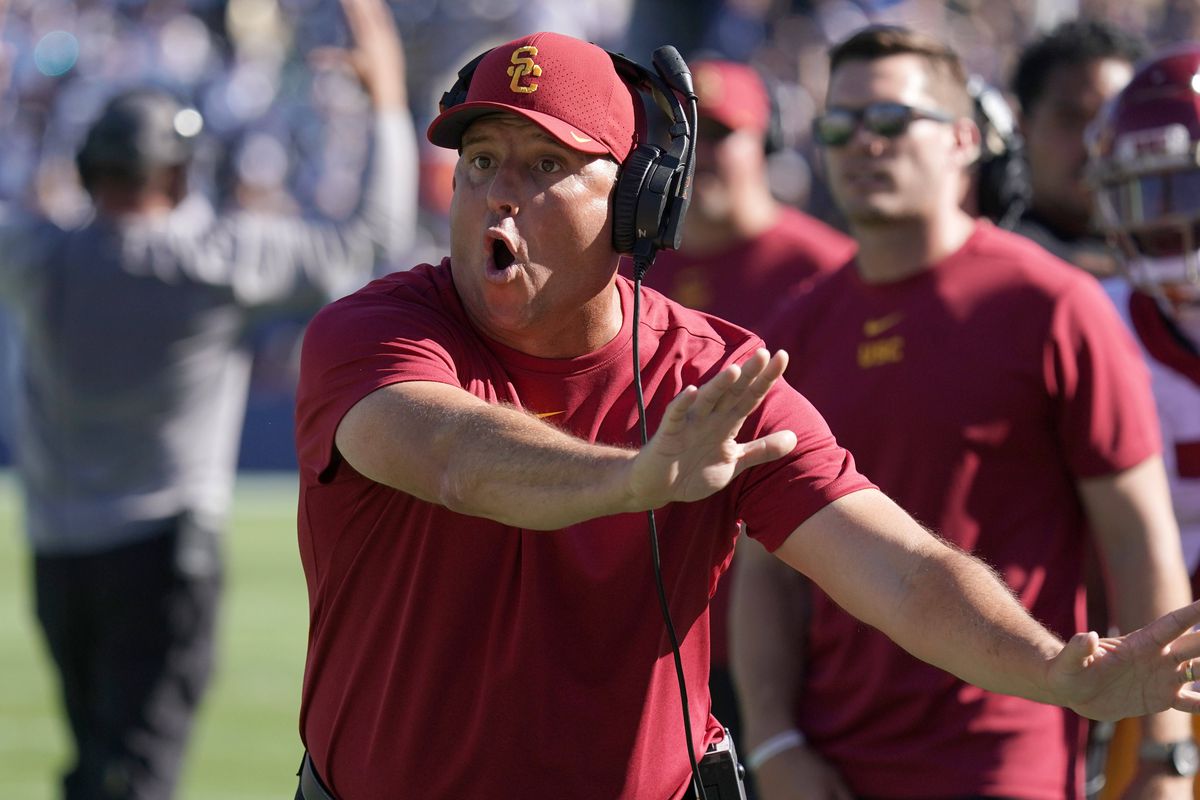 USC Head Coach Clay Helton reacts in the second half against BYU, Sep. 14, 2019.