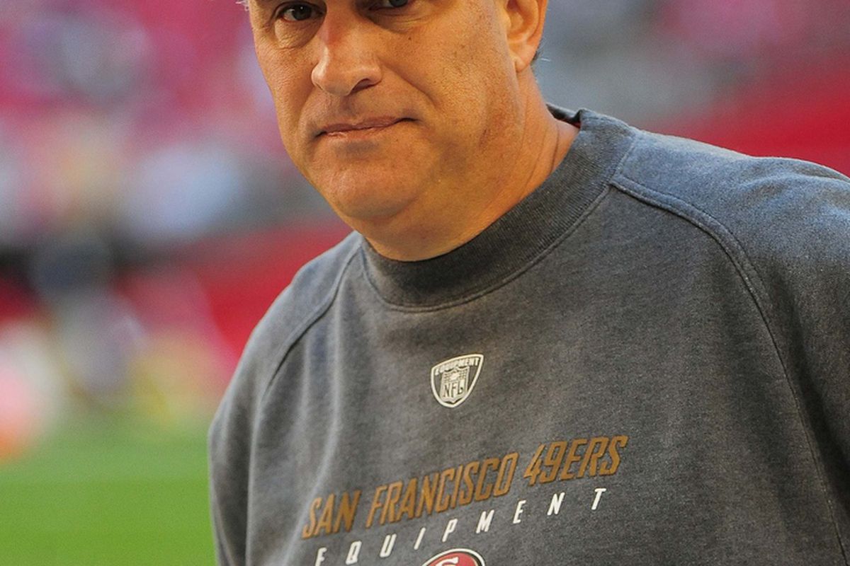 December 11, 2011; Glendale, AZ, USA; San Francisco 49ers defensive coordinator Vic Fangio watches warm ups before the game against the Arizona Cardinals at University of Phoenix Stadium. The Cardinals defeated the 49ers 21-19.