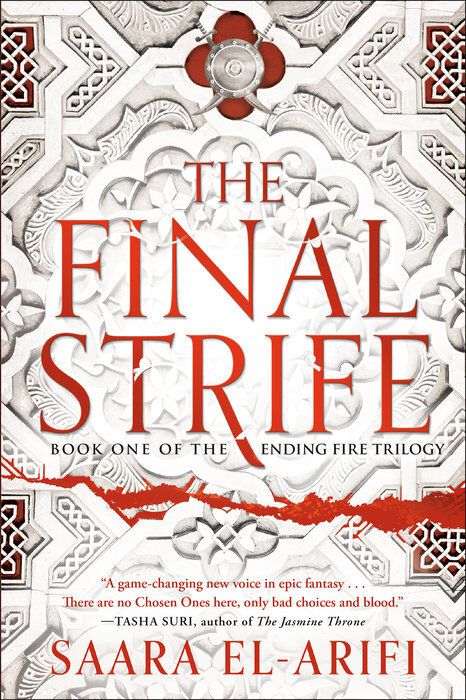 Cover image of Saara El-Arifi’s The Final Strife, a red and white image with intricate tiling and floral patterns, with a red line across it.