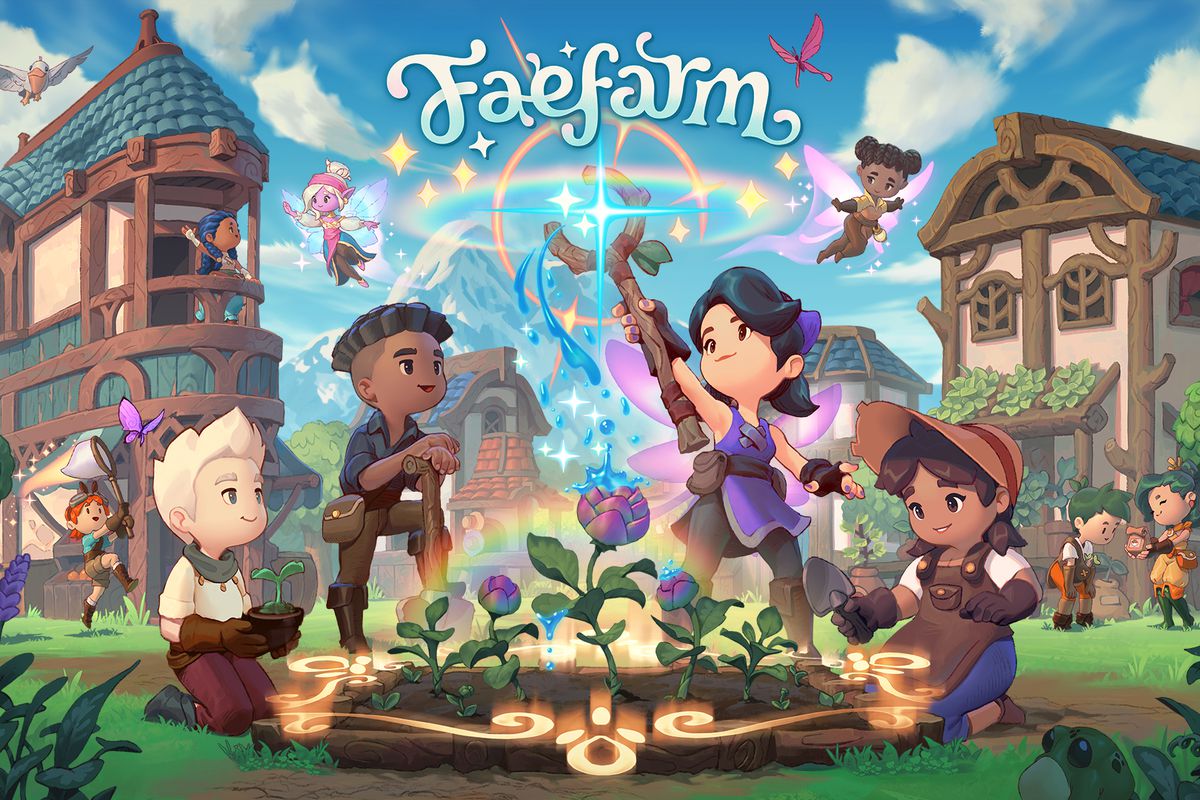 Key art from Fae Farm, showing a group of farmers bringing a flower to life using a wooden wand-like staff and the prismatic powers of tiny faeries.