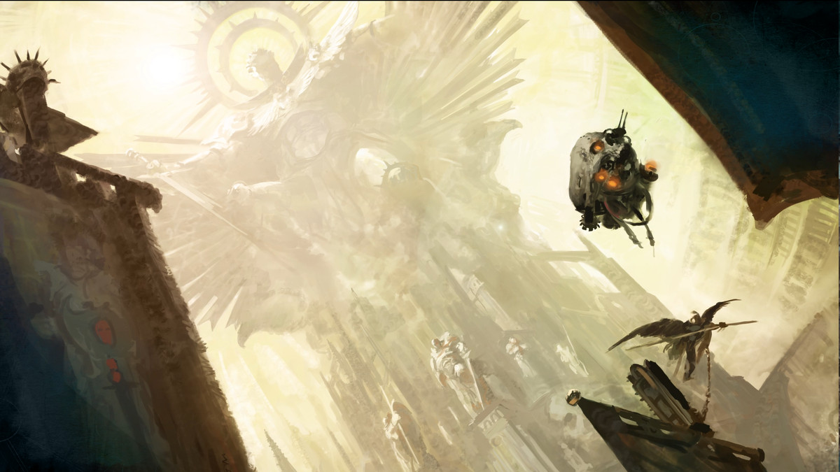 A great statue of the God Emperor stands in the setting of Warhammer 40,000. In the foreground, a servitor skull goes about its business in what appears to be an Imperium marketplace.
