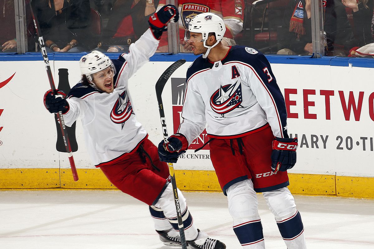 Seth Jones and Artemi Panarin, two of Jarmo’s big trade acquisitions, celebrate a Blue Jackets goal.