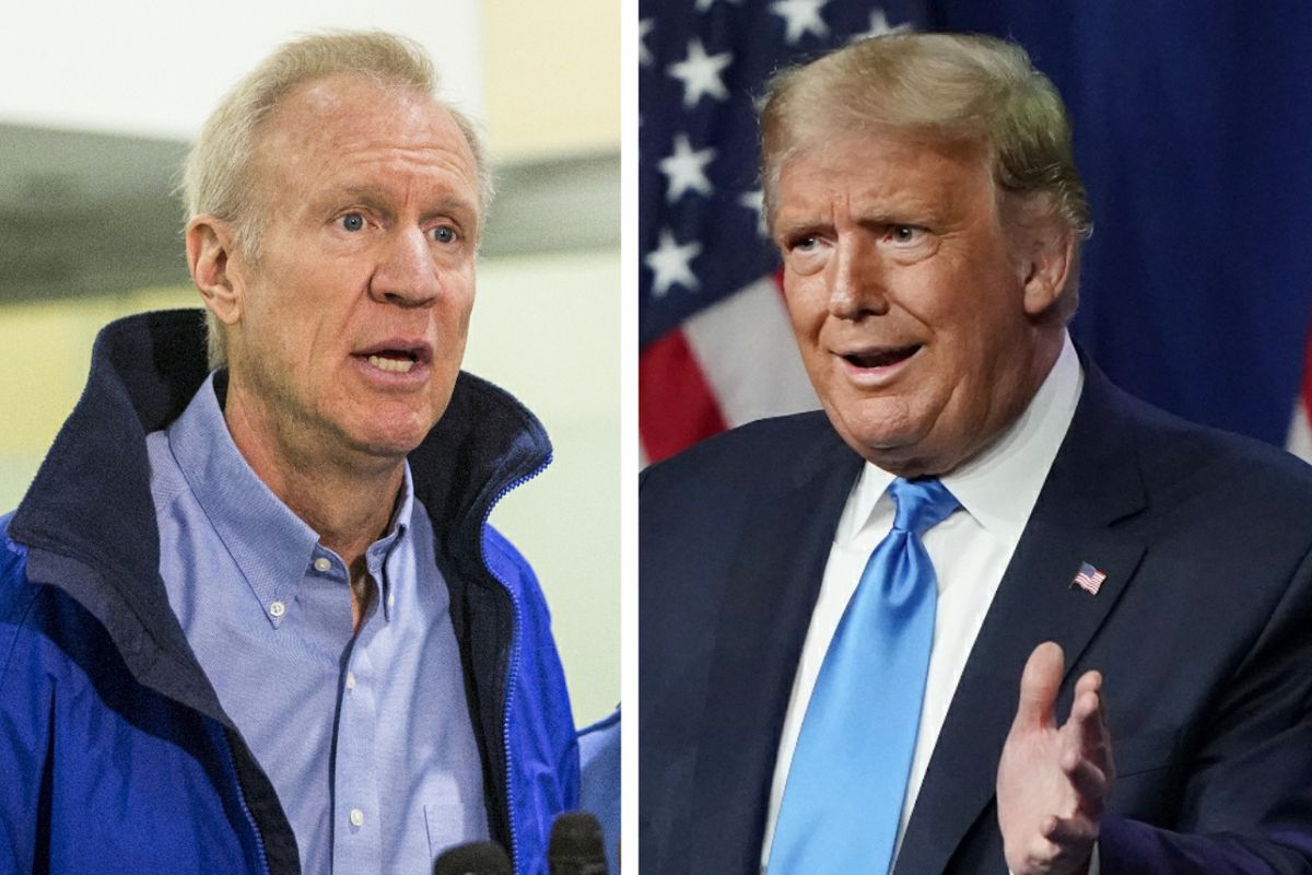 Gov. Bruce Rauner, left, talks to reporters in 2018; President Donald Trump, right, speaks during the first day of the Republican National Convention Monday.