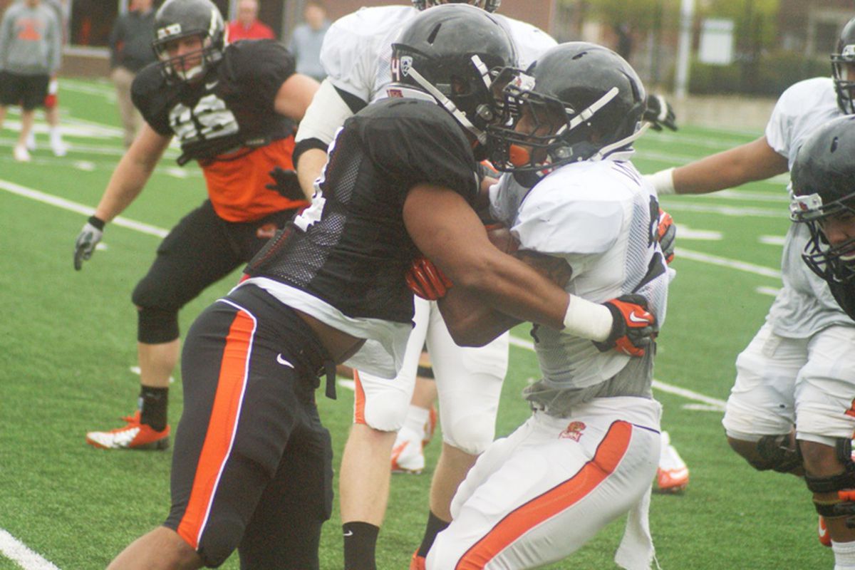 The intensity is picking up in spring football practice at Oregon St. halfway through.
