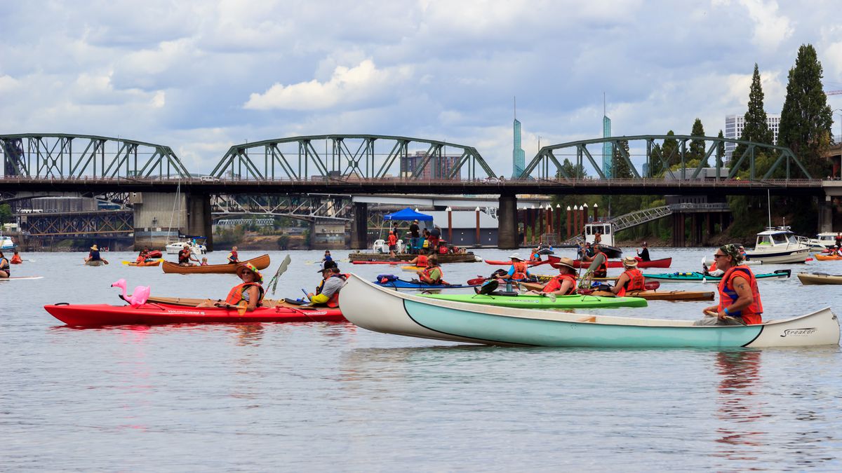 Kayaks on the Willamette River in Portland, Oregon.