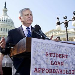 FILE - In this March 13, 2012, file photo Sen. Jack Reed, D-R.I., joins students at a Capitol Hill news conference to announce the collection of over 130,000 letters to Congress to prevent student loan interest rates from doubling this July. The Senate planned a Tuesday May 8, 2012 roll call on a plan, which would extend today's 3.4 percent interest rates on subsidized Stafford loans for another year.  