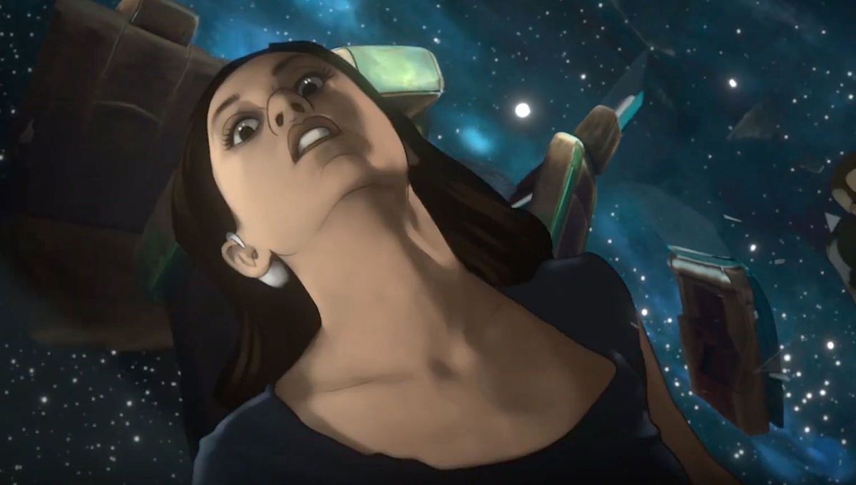 a girl floats in space, she looks scared