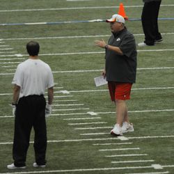 Kansas City Chiefs head coach Andy Reid watches drills during the rookie minicamp at the University of Kansas Hospital Training Complex. 