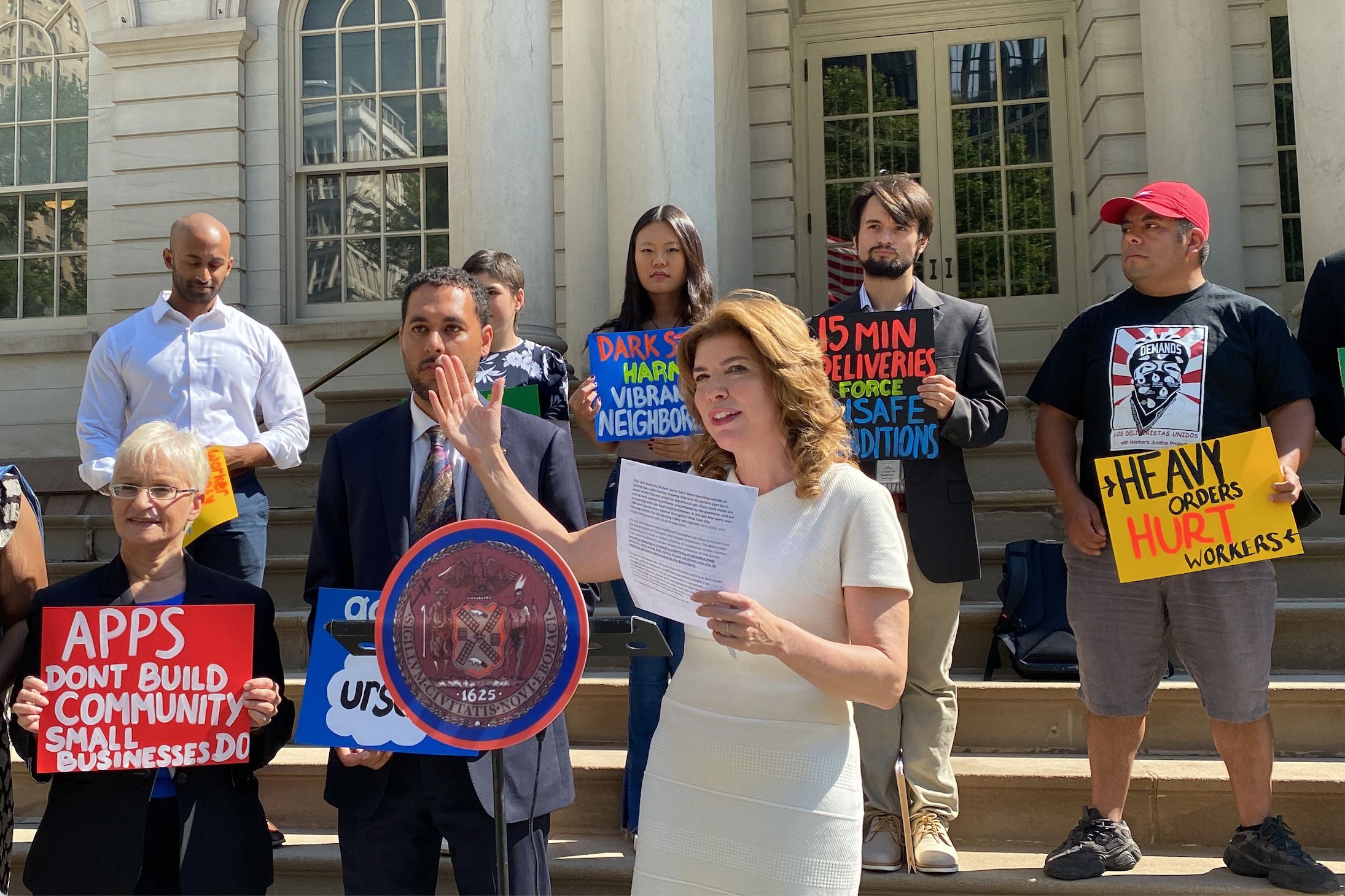 Councilmember Julie Menin (D-Manhattan) speaks at City Hall with deliver workers in support of regulating “dark store” fulfillment centers, July 14, 2022.