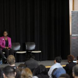 Erika George, professor of law and co-director of the Center for Global Justice, moderates as Sybrina Fulton, mother of Trayvon Martin, speaks with the audience about the death of her son and racial profiling in the U.S. during an event in the ballroom of the Olpin Student Union on the University of Utah campus on Thursday, Jan. 16, 2014.