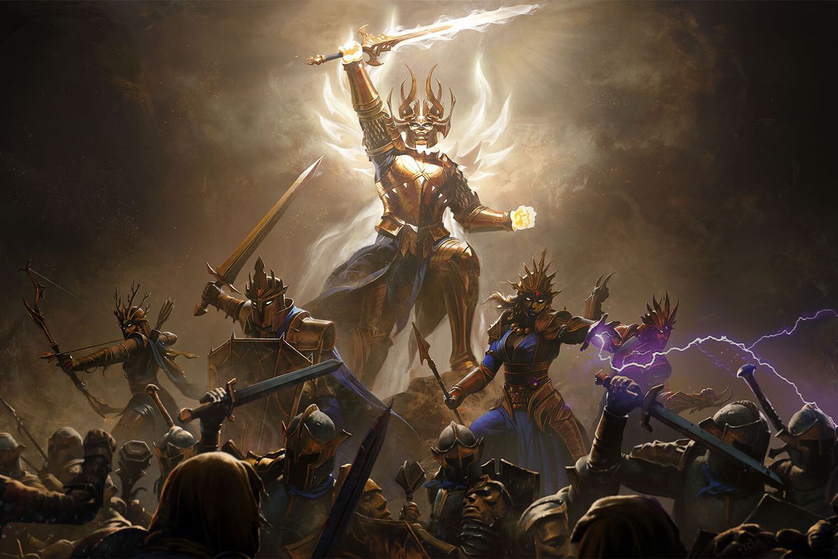title art for Diablo Immortal showing a lone figure hoisting a sword above a crowd of other warriors