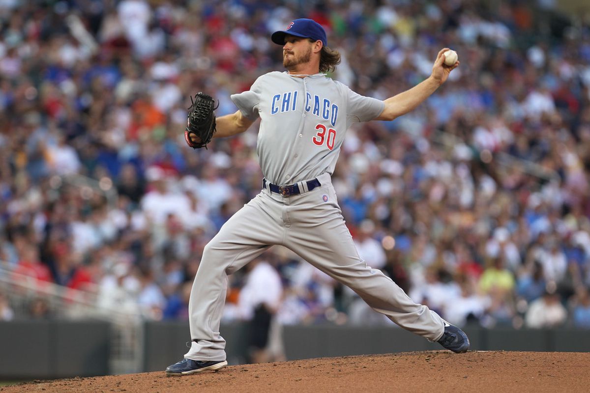 Minneapolis, MN, USA; Chicago Cubs pitcher Travis Wood delivers a pitch against the Minnesota Twins at Target Field. Credit: Brace Hemmelgarn-US PRESSWIRE