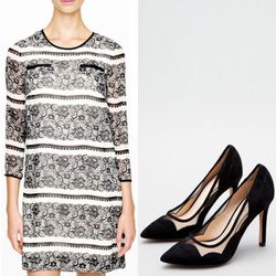Tromp l'oeil lace shift + pointy pumps with scalloped suede and mesh = master of illusions 2013 | <b>J. Crew</b> Jules dress in lacy, <a href="http://www.jcrew.com/womens_category/dresses/daytonight/PRDOVR~29609/29609.jsp">$238</a> + <b>Pour La Victoire</