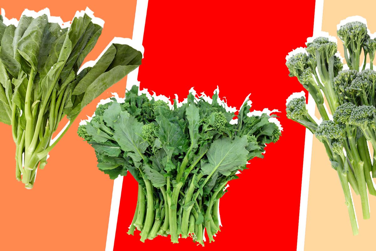 A collage of broccoli, broccolini, and Chinese broccoli